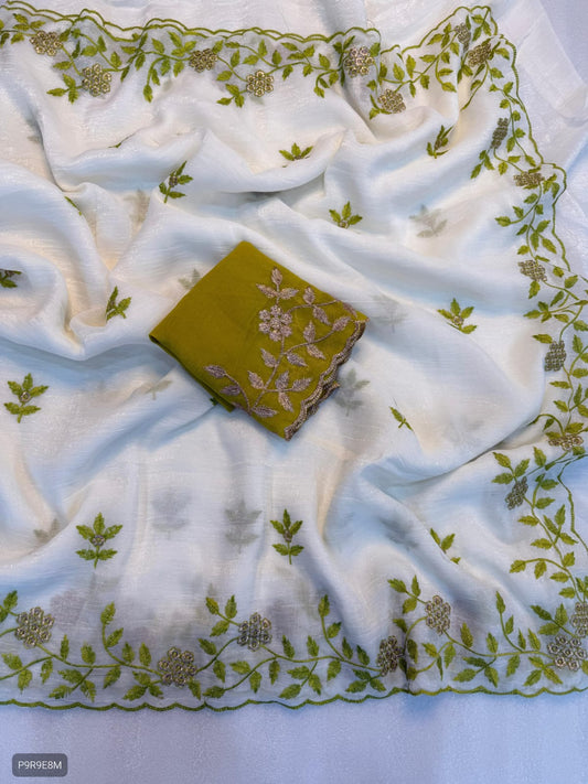 Crunchy Saree with Embroidery Work & Rangoli Blouse