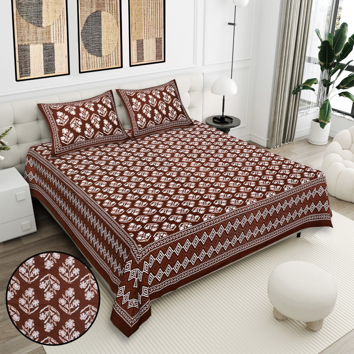 Daabu Print Cotton 300 TC Bedsheet with 2 Pillow Covers – 95×108 Inches