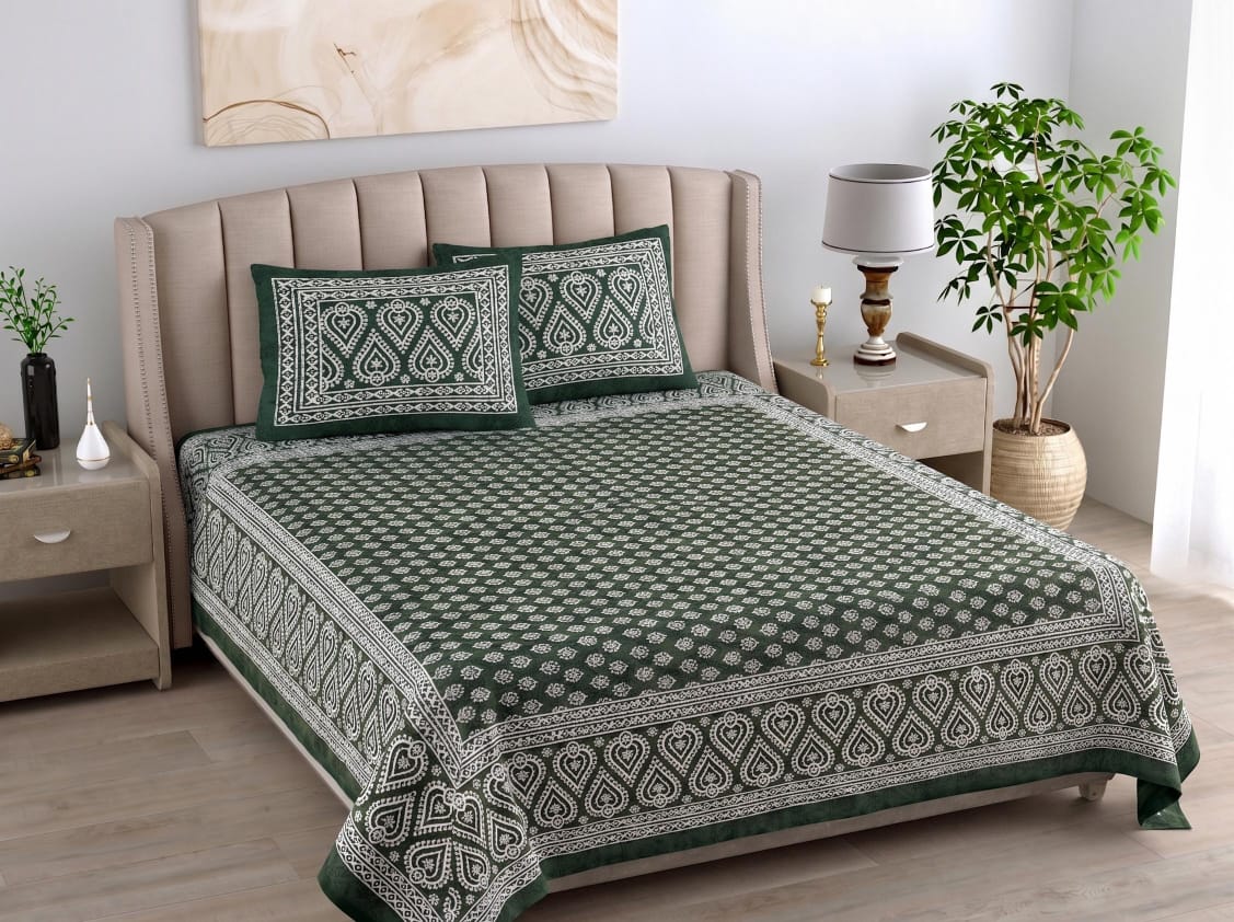 Daabu Print Cotton 300 TC Bedsheet with 2 Pillow Covers – 95×108 Inches