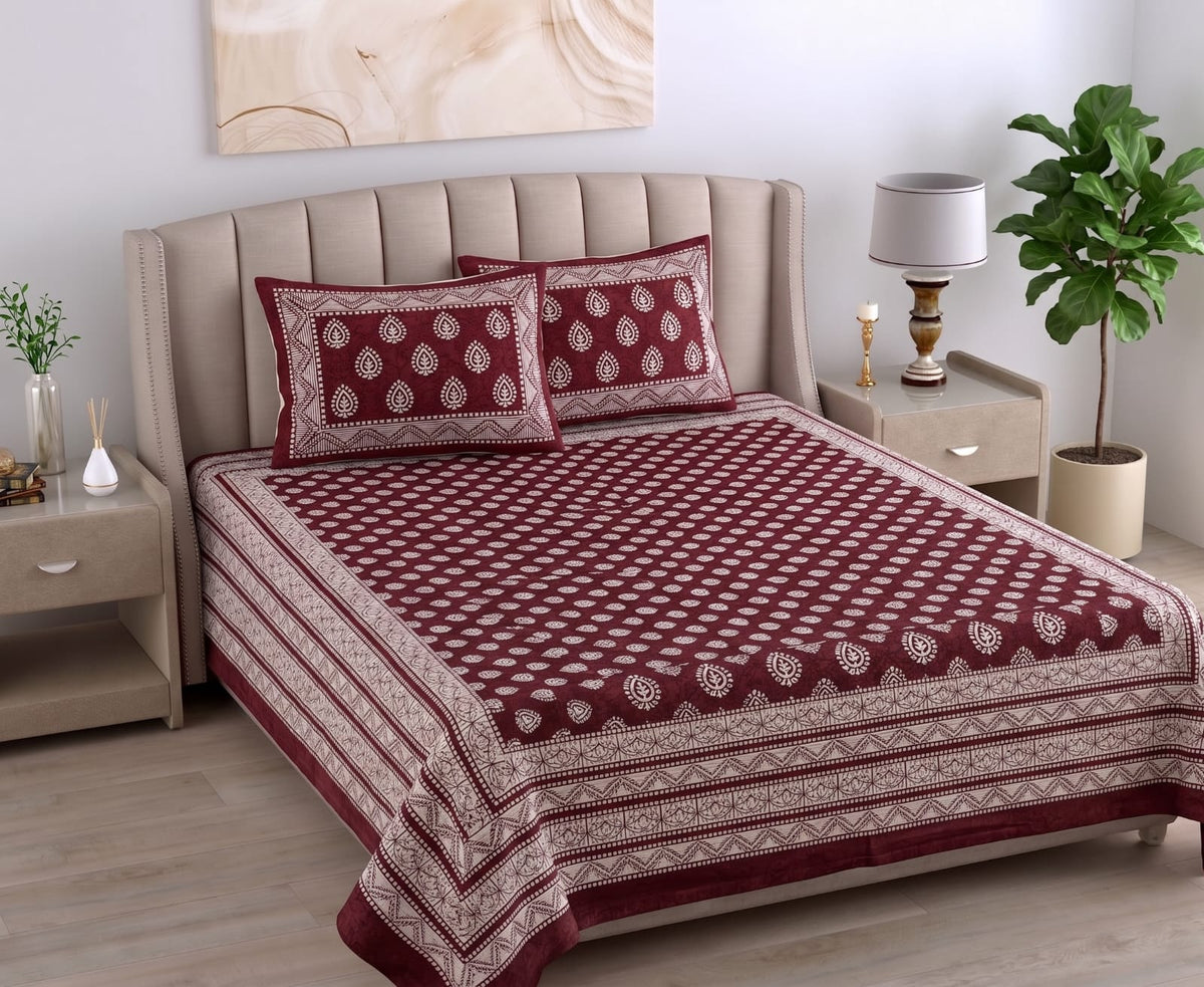 Daabu Print Cotton 300 TC Bedsheet with 2 Pillow Covers – 95×108 Inches