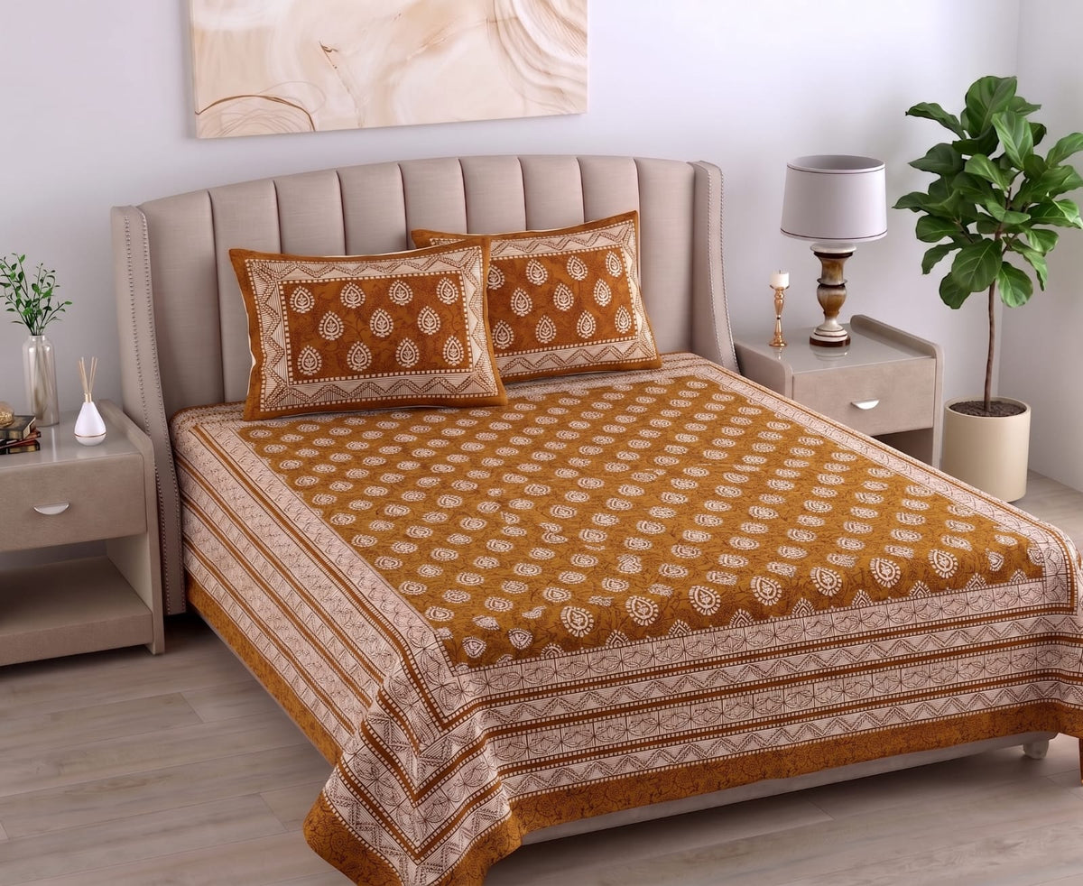 Daabu Print Cotton 300 TC Bedsheet with 2 Pillow Covers – 95×108 Inches