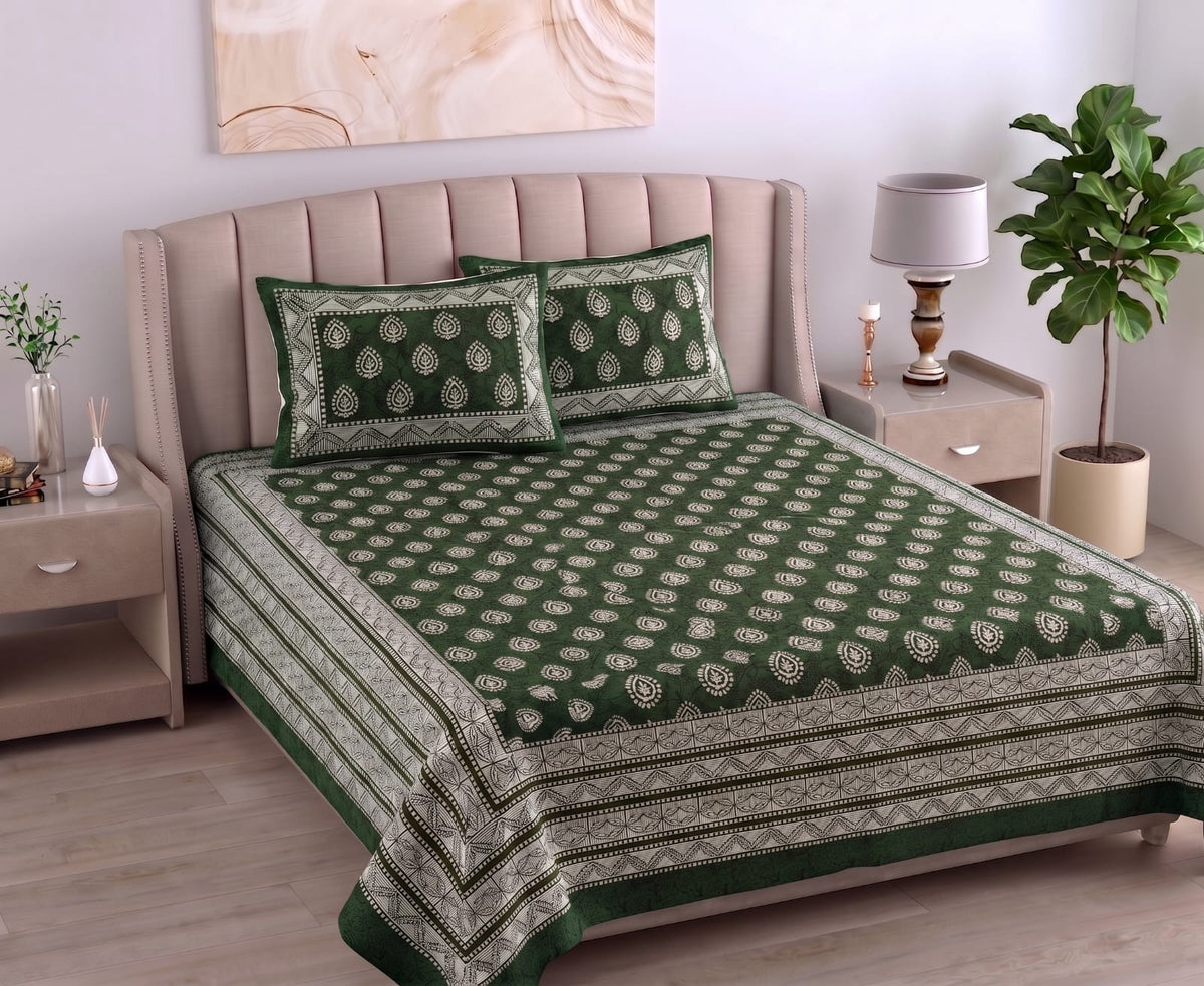 Daabu Print Cotton 300 TC Bedsheet with 2 Pillow Covers – 95×108 Inches
