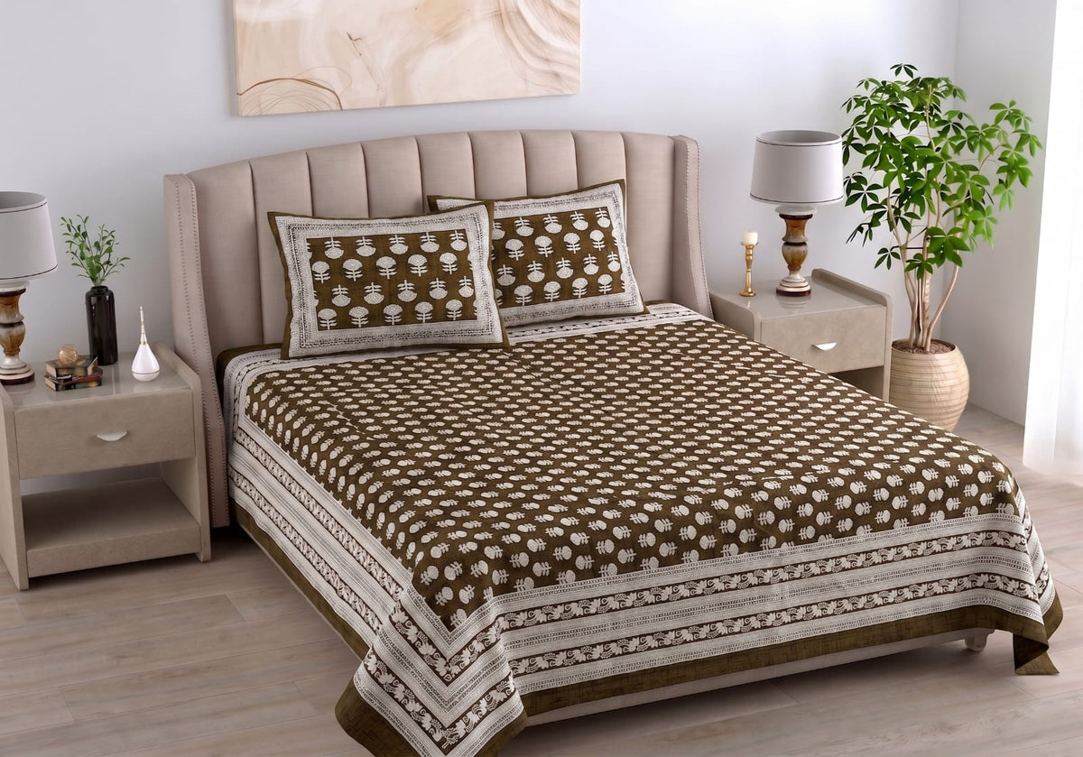 Daabu Print Cotton 300 TC Bedsheet with 2 Pillow Covers – 95×108 Inches