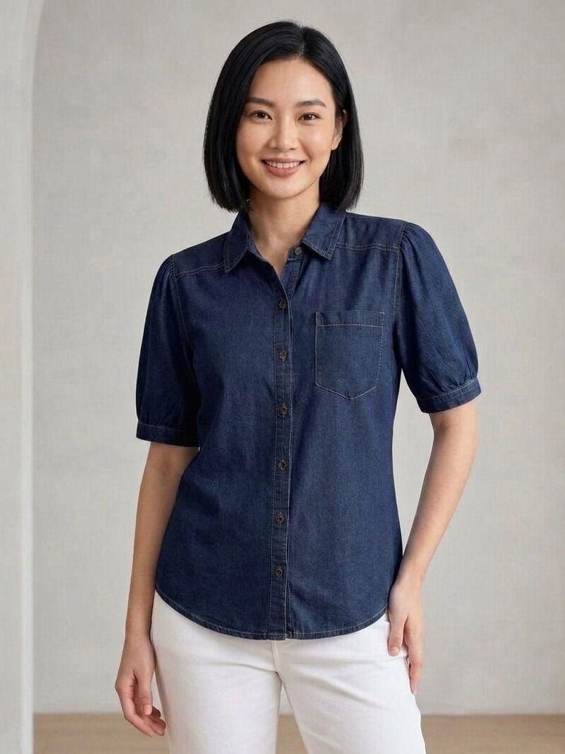 Dark Blue Denim Shirt for Women with Chest Pocket & Short Sleeves