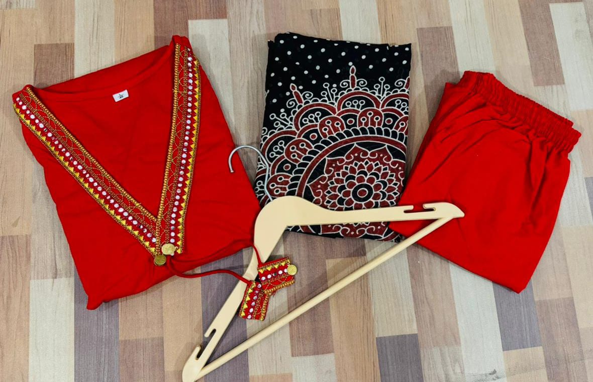 Dhabu Cotton A-Line Kurti Pant Dupatta Set with Embroidery & Ajrakh Dupatta