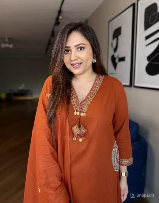 Dhabu Cotton A-Line Suit Set with Embroidery, Pockets & Tassels