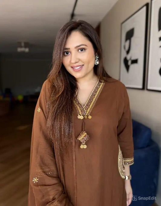 Dhabu Cotton A-Line Suit Set with Embroidery, Pockets & Tassels