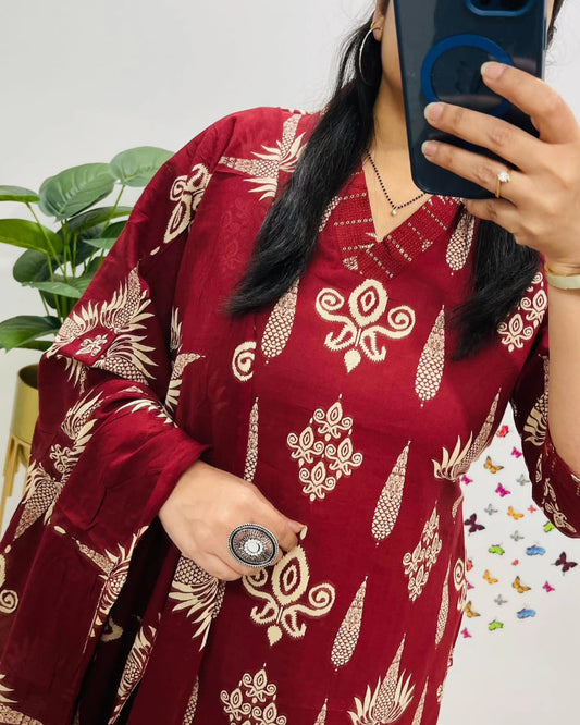 Discharge Print 60.60 Cotton Kurti Set with Sequins, Pant & Dupatta