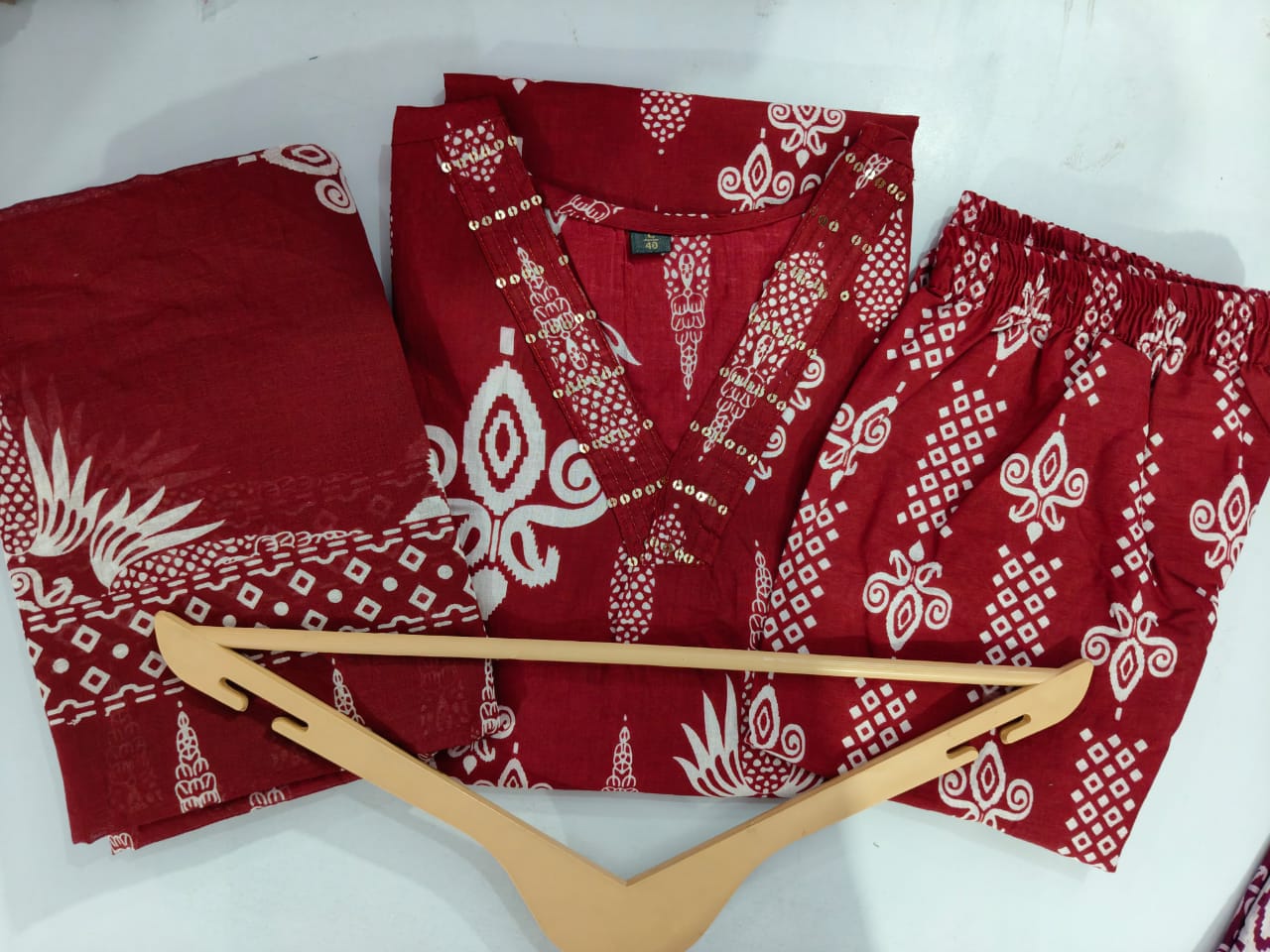 Discharge Print 60.60 Cotton Kurti Set with Sequins, Pant & Dupatta