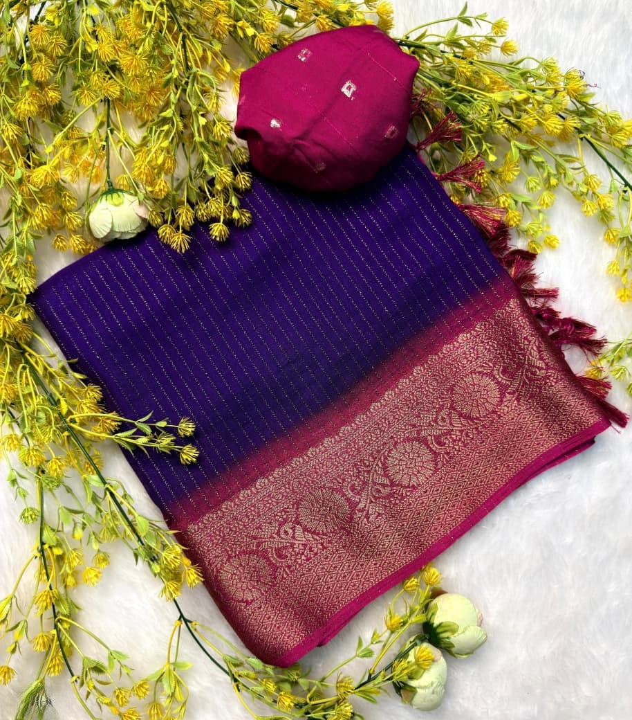 Dola Silk Recco Zari Saree with Contrast Hamsa Border & Blouse