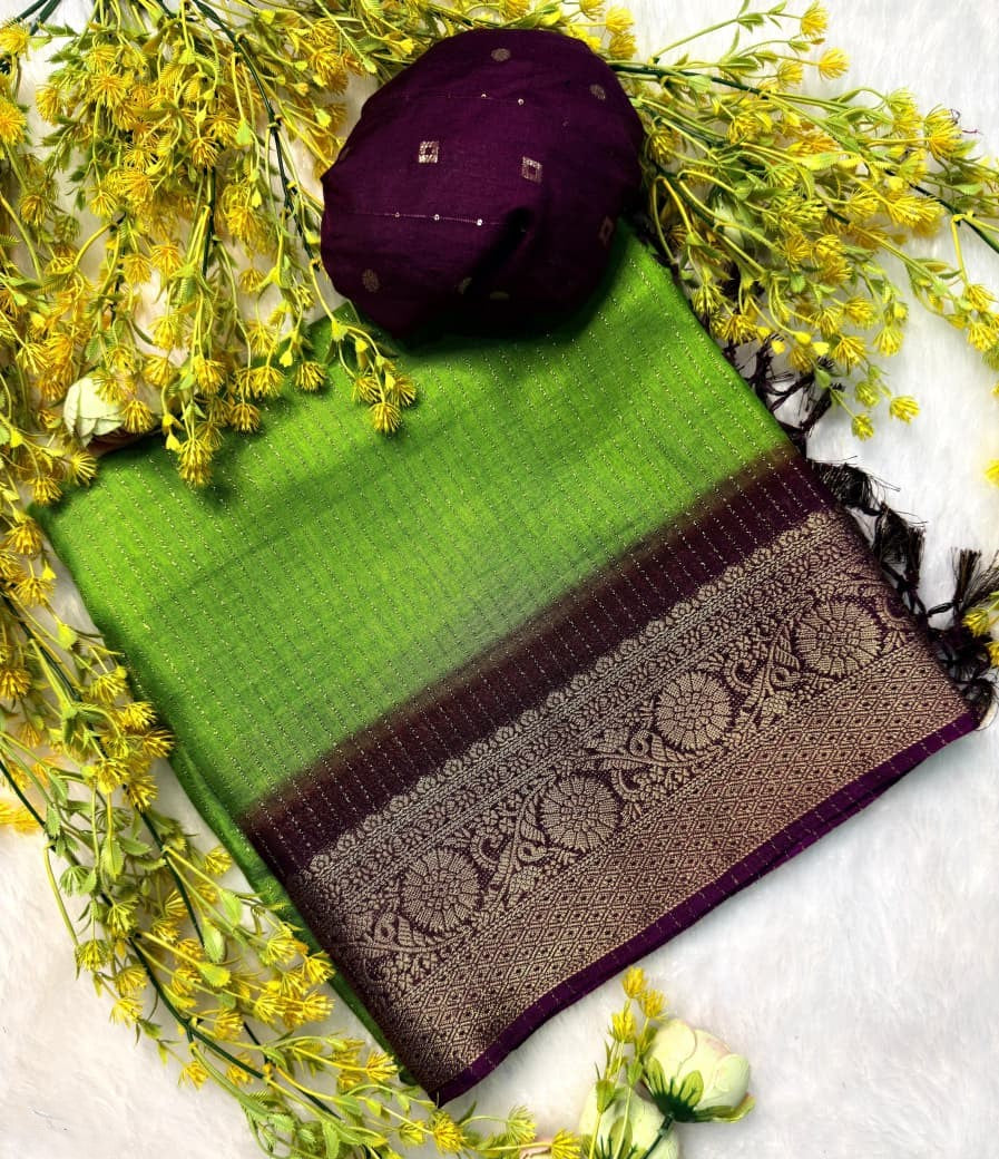 Dola Silk Recco Zari Saree with Contrast Hamsa Border & Blouse
