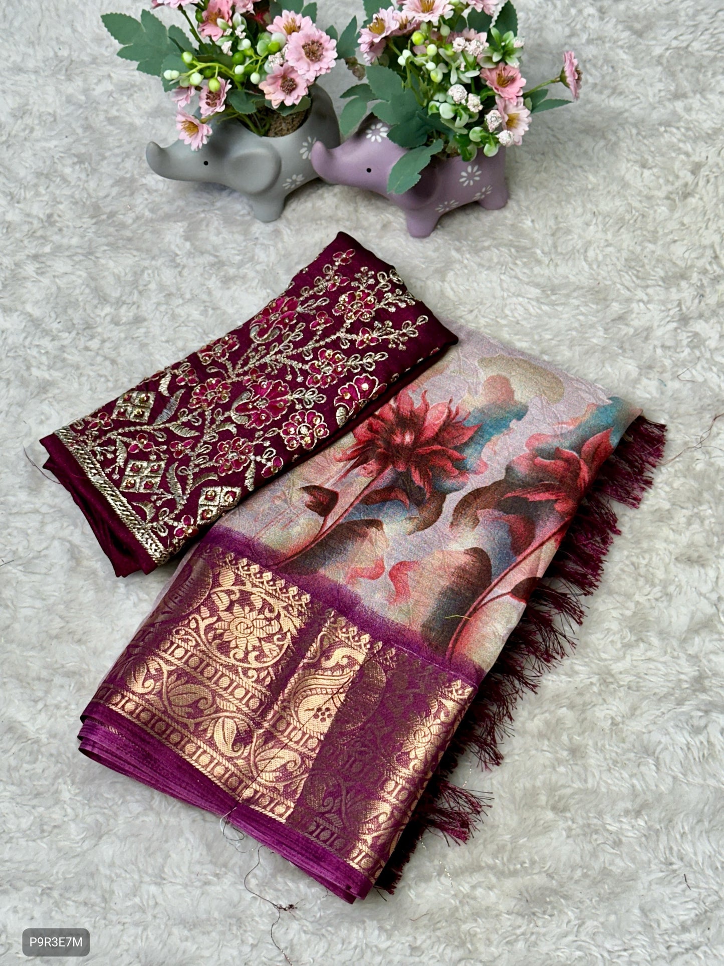 Dola Silk Saree with Floral Print, Jacquard Border & Embroidered Stone Work Blouse