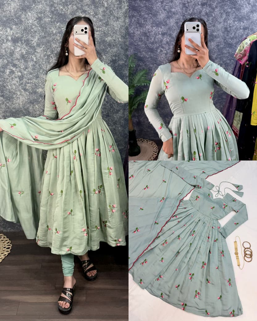 Dusty Green South Mull Chanderi Embroidered Anarkali Kurta with Dupatta