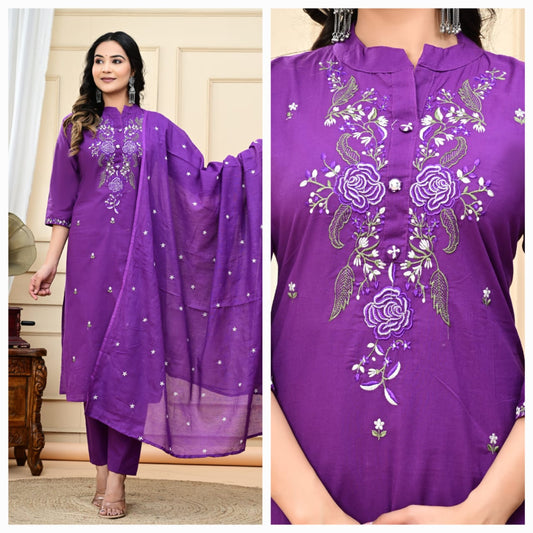 Dyed Cotton Embroidered Kurti Suit Set with Malmal Dupatta