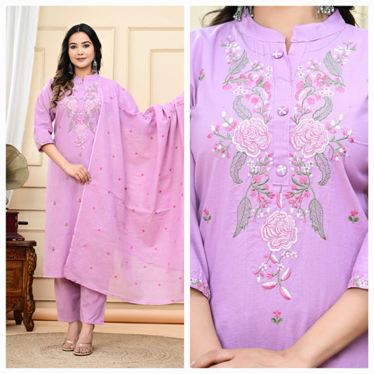 Dyed Cotton Embroidered Kurti Suit Set with Malmal Dupatta