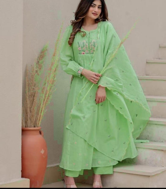 Dyed Cotton Kurti Pant Set with Embroidered Malmal Dupatta