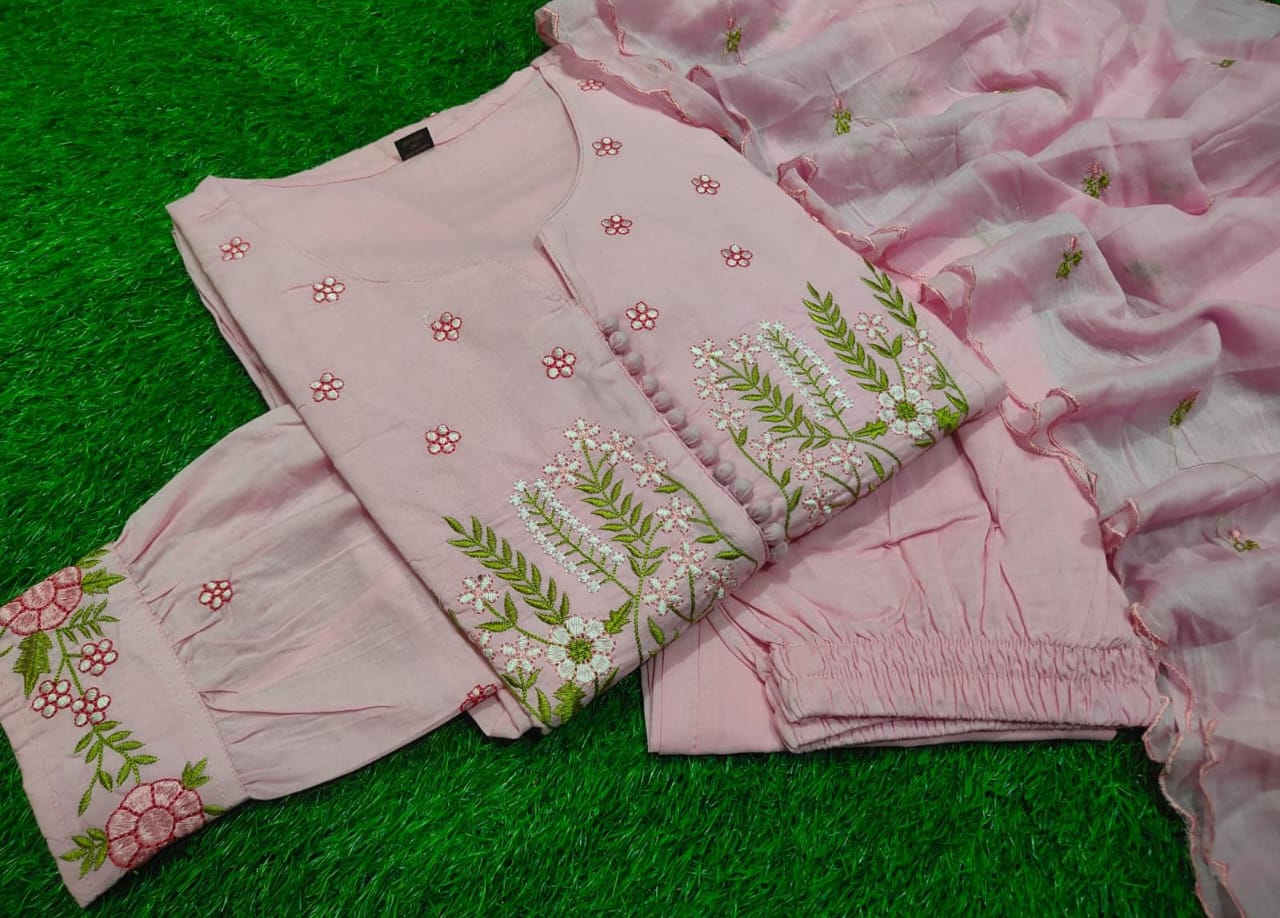 Dyed Cotton Kurti Pant Set with Embroidered Malmal Dupatta