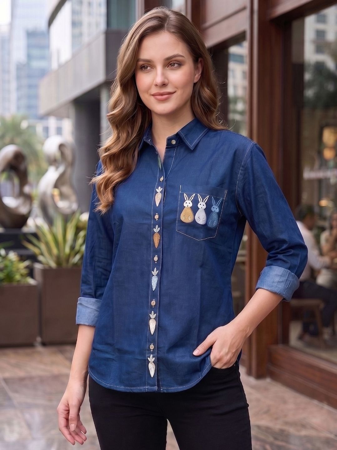 Embroidered Blue Denim Shirt with Leaf & Rabbit Motif
