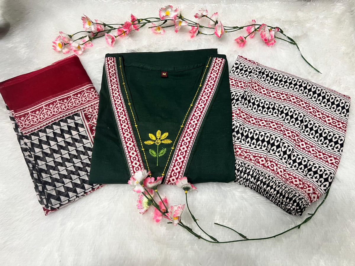 Embroidered Cotton 60x60 Kurta Pant with Dupatta Set