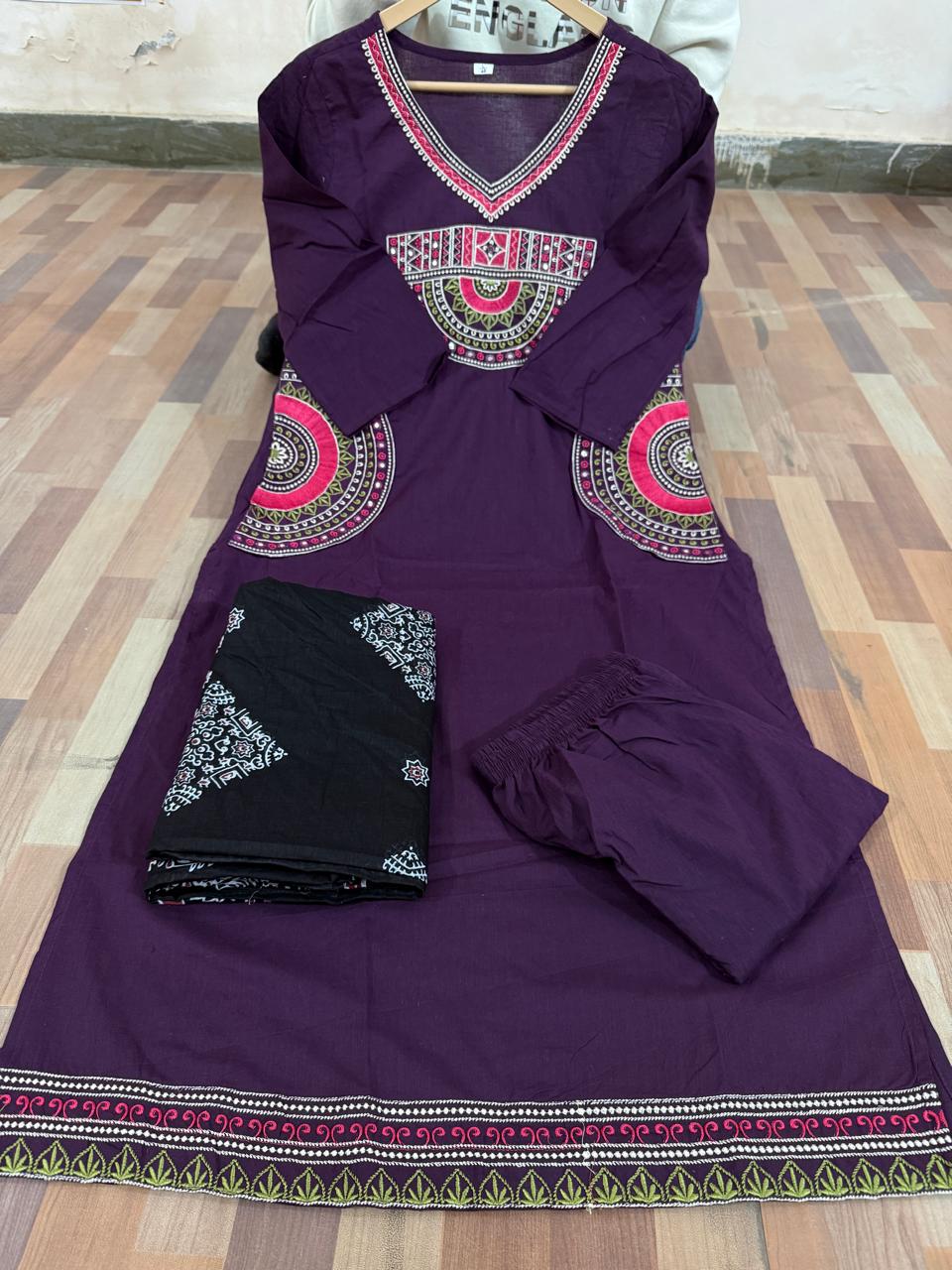 Embroidered Cotton 60x60 Kurti Pant Dupatta Suit Set