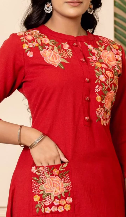 Embroidered Cotton A-line Kurti with Pant Set - Readymade