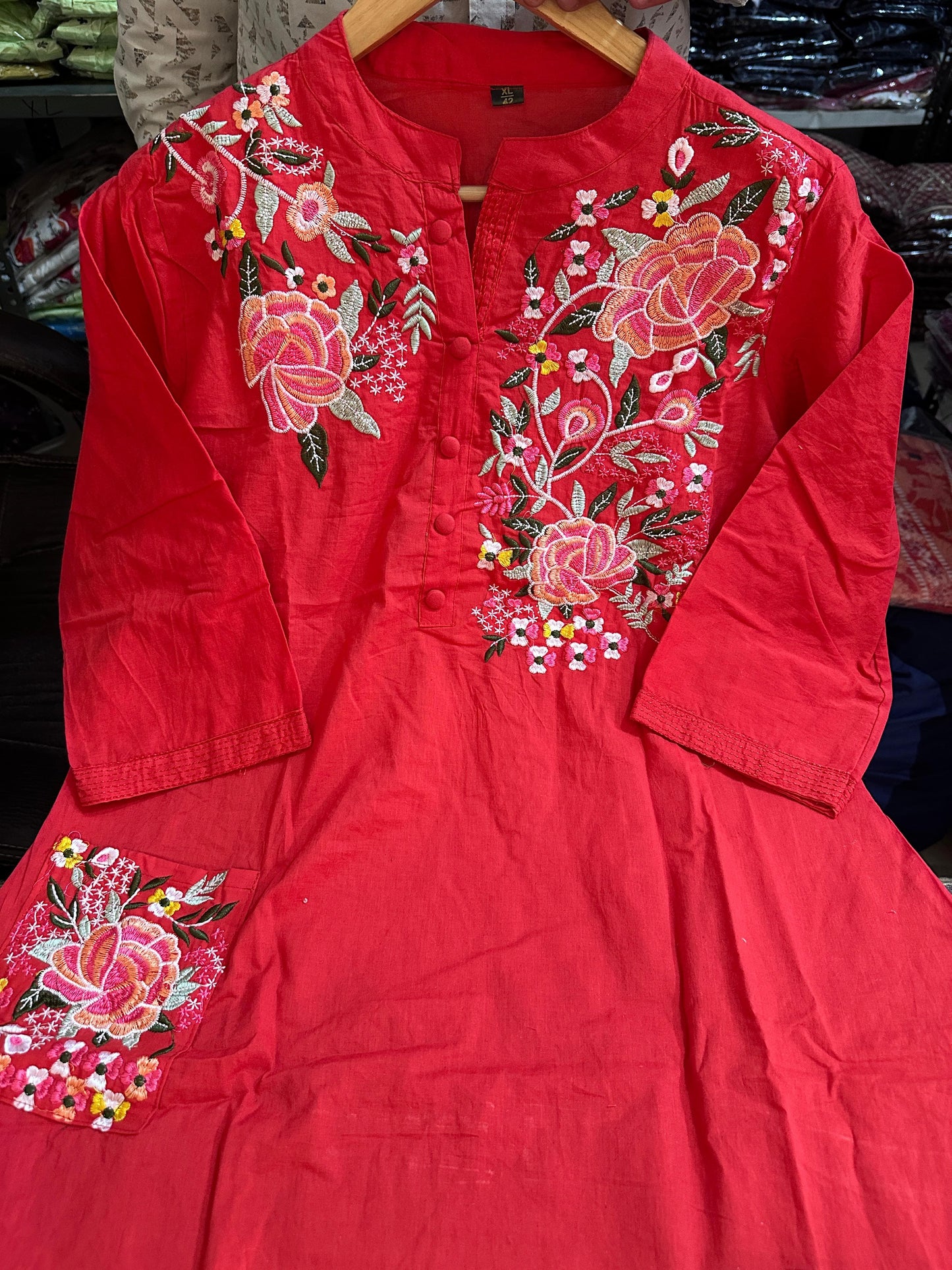 Embroidered Cotton A-line Kurti with Pant Set - Readymade