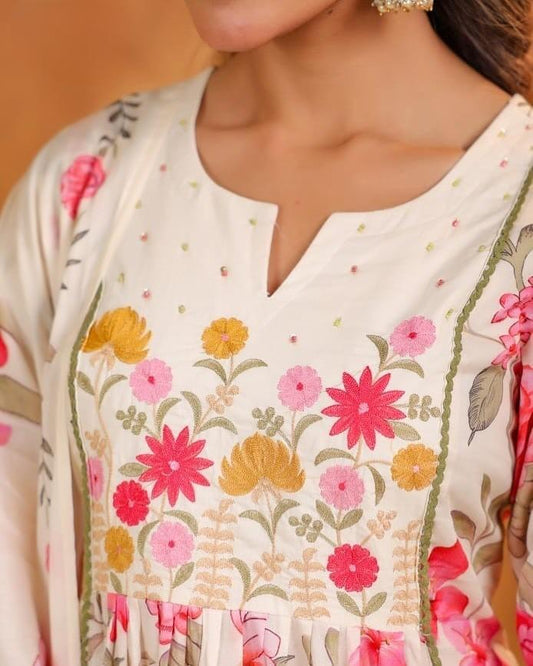 Embroidered Cotton Anarkali Kurta Pant Dupatta Set