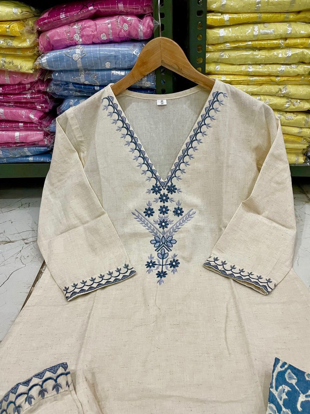 Embroidered Cotton Flex Kurta Pant Set with Silk Dupatta