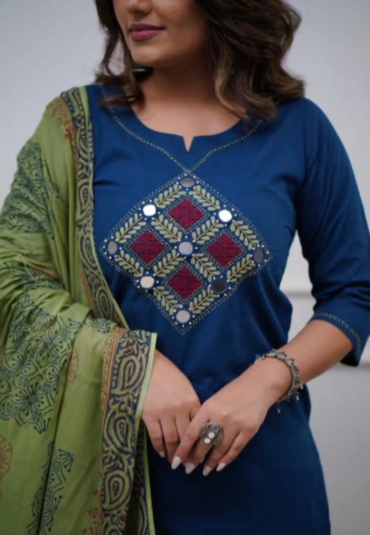 Embroidered Cotton Kurta Pant Set with Dupatta | Pocket Pant