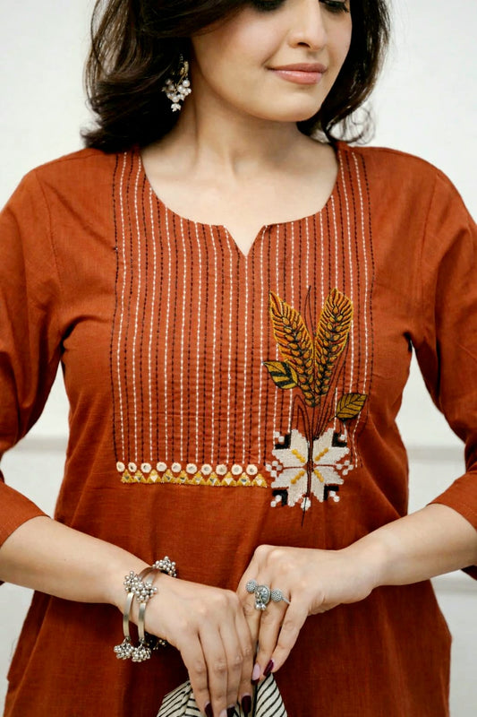 Embroidered Cotton Kurta Pant Set with Printed Dupatta & Pocket