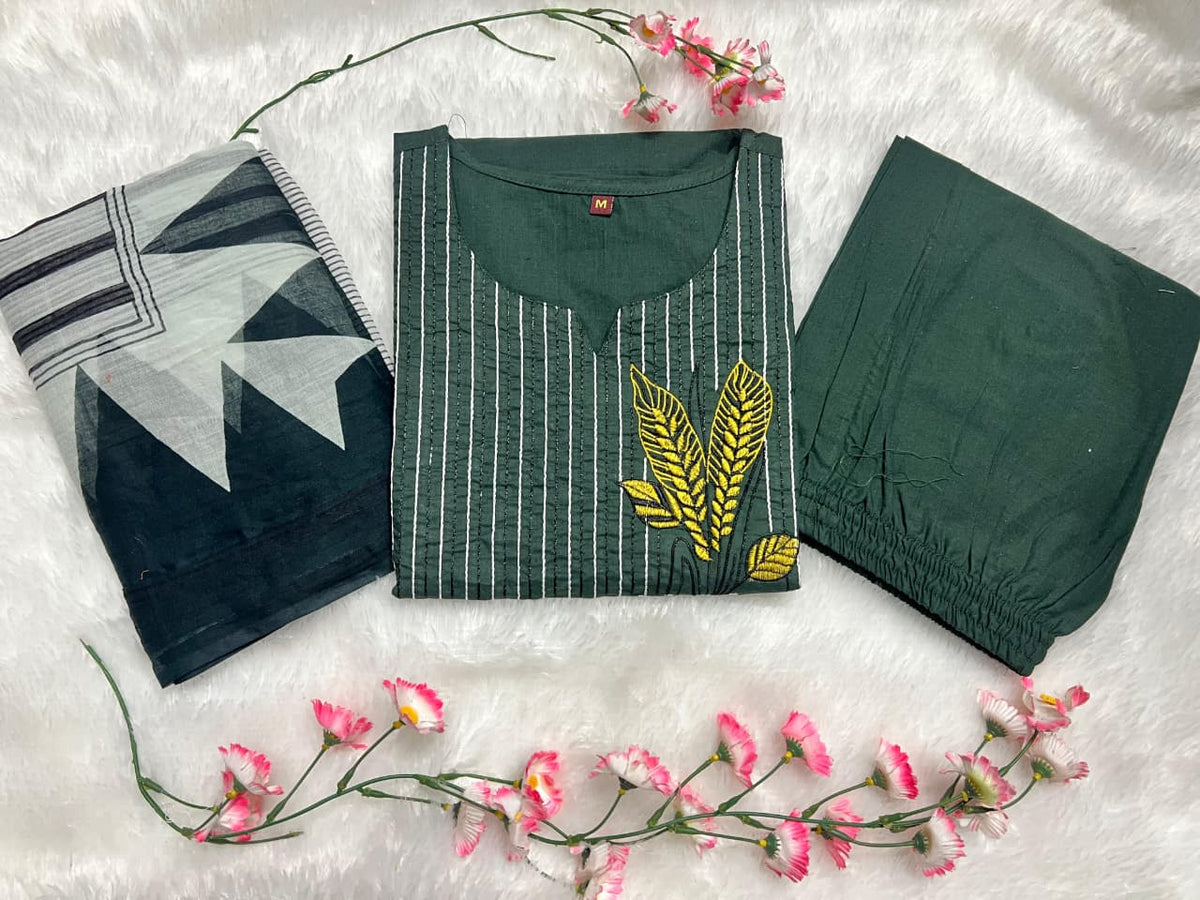 Embroidered Cotton Kurta Pant Set with Printed Dupatta