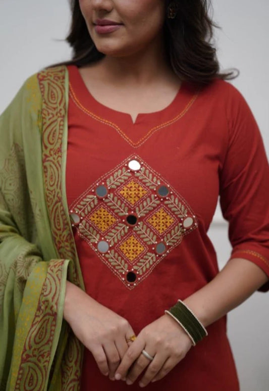 Embroidered Cotton Kurta Pant with Dupatta Set