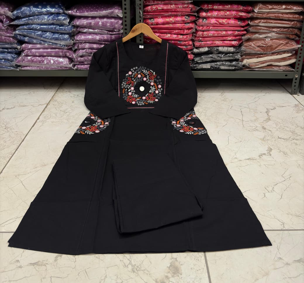 Embroidered Cotton Kurti Palazzo Set with Dual Pocket Design