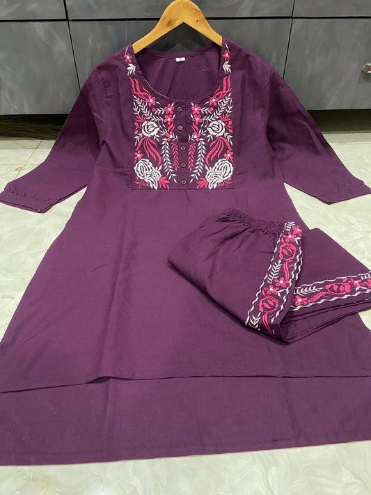 Embroidered Cotton Kurti & Pant Co-ord Set
