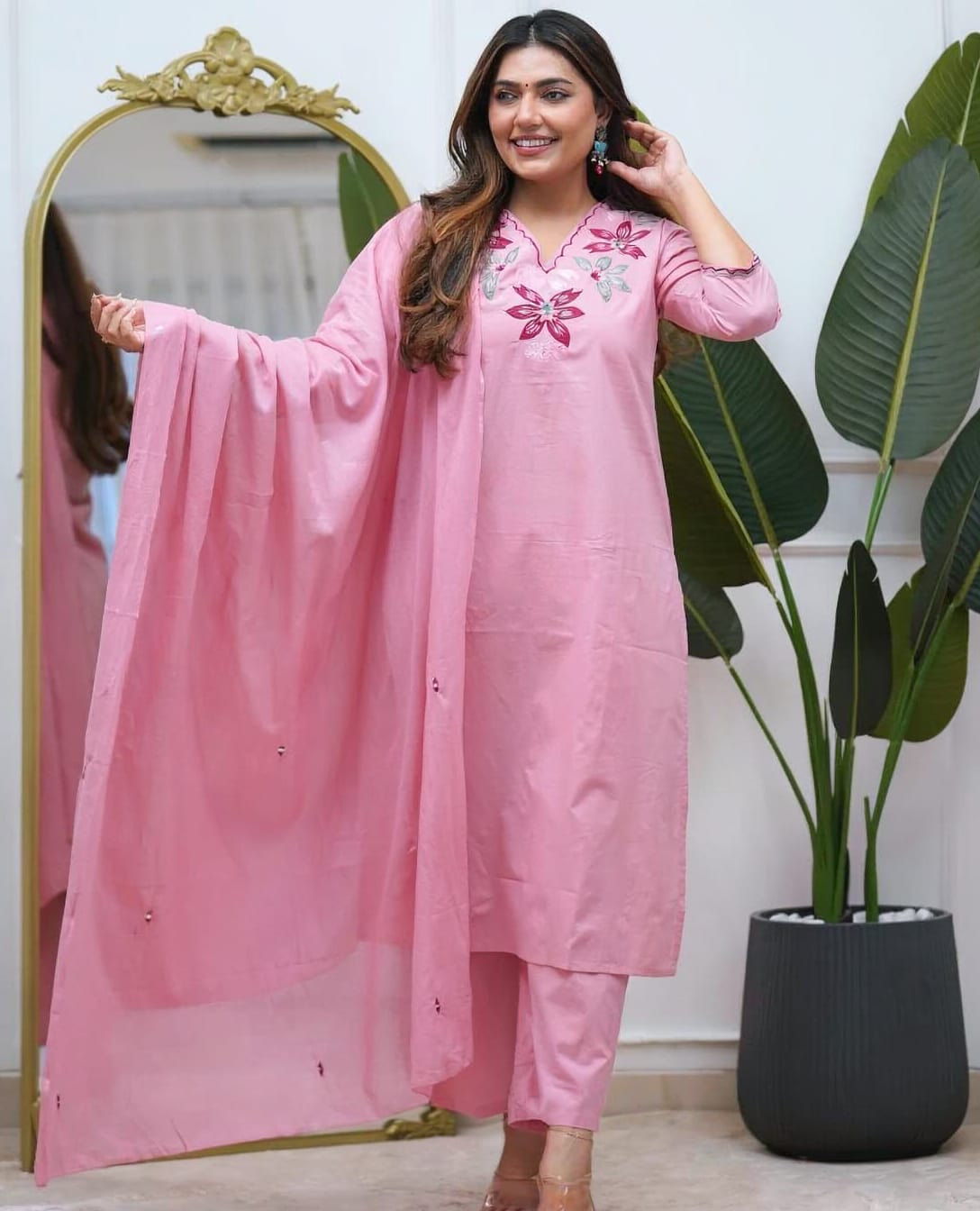 Embroidered Cotton Kurti Pant Set with Cotton Dupatta | 3-Piece