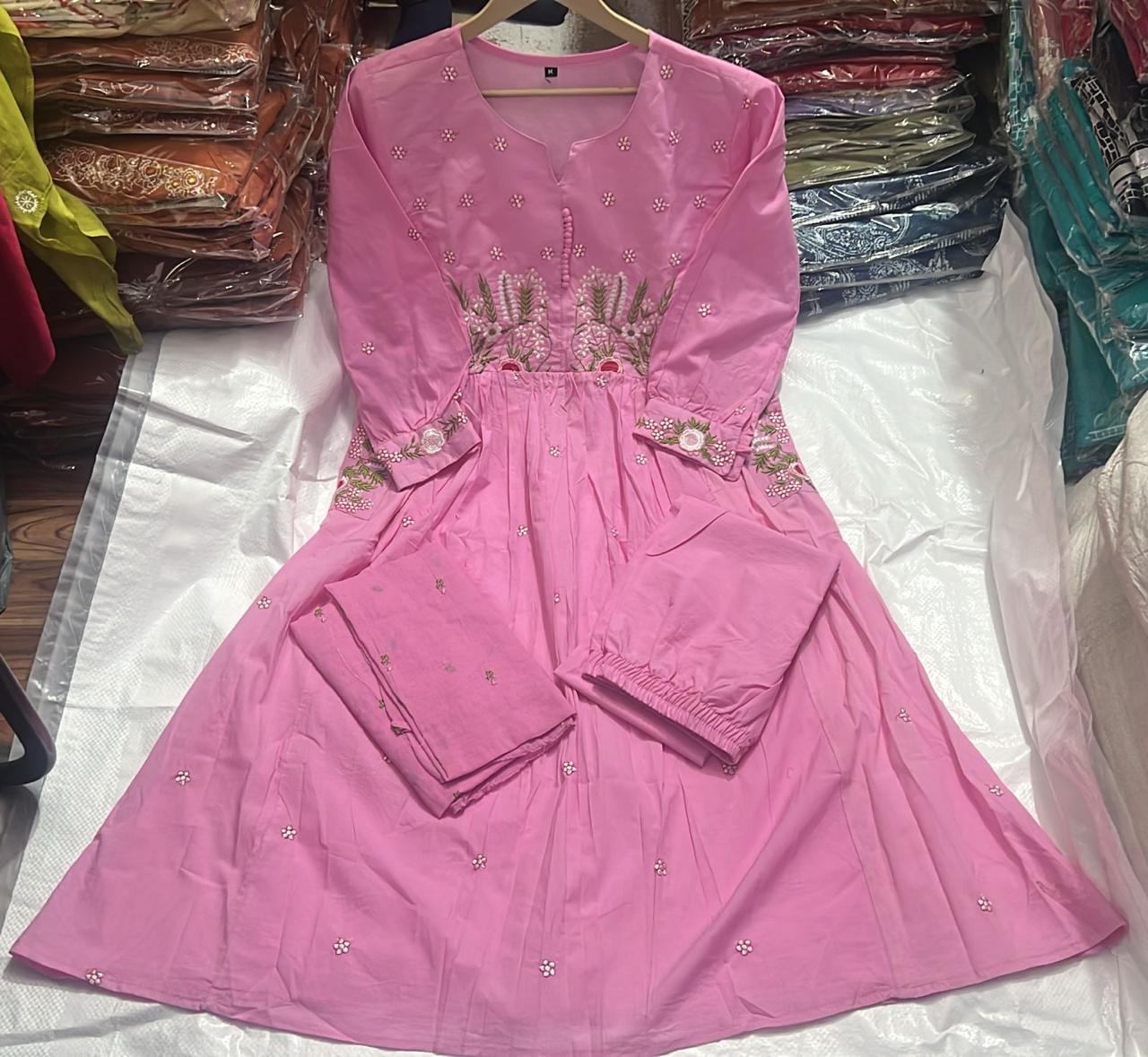 Embroidered Cotton Kurti Pant Set with Malmal Dupatta