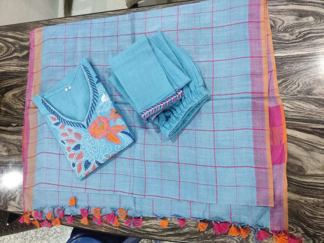 Embroidered Cotton Kurti Set with Matching Pants & Dupatta