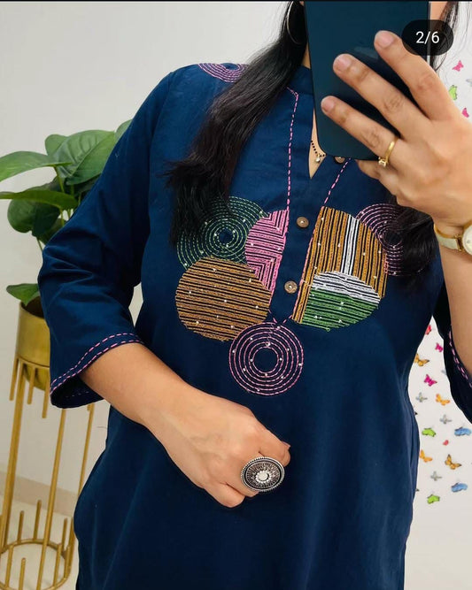 Embroidered Cotton Kurti Set with Pocketed Pant