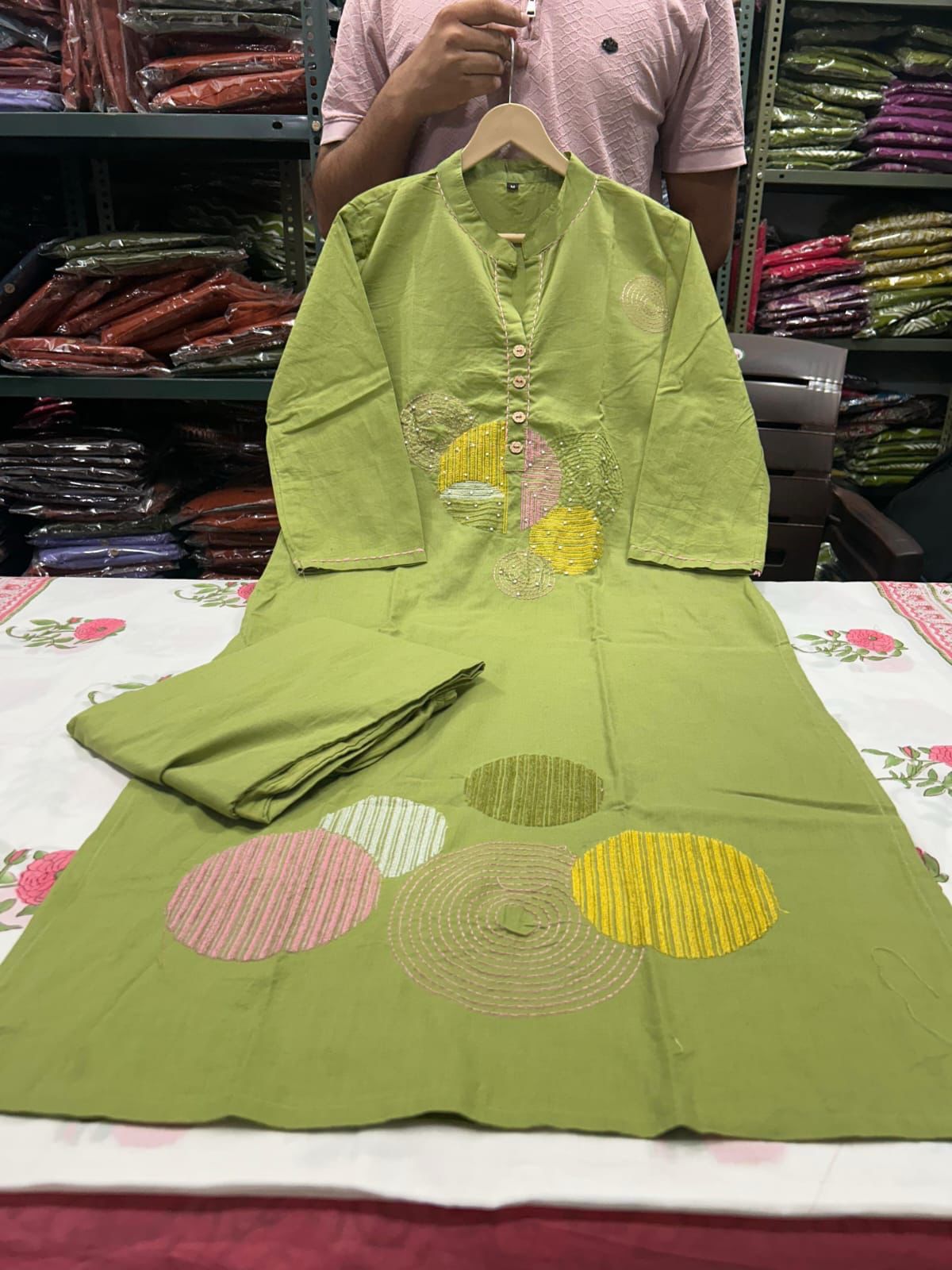 Embroidered Cotton Kurti Set with Pocketed Pant