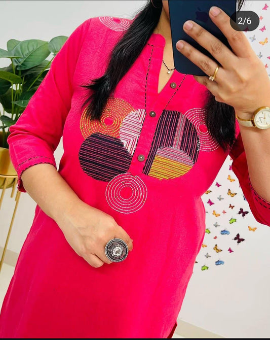 Embroidered Cotton Kurti Set with Pocketed Pant