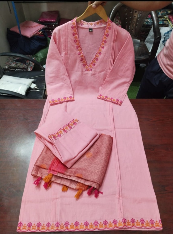 Embroidered Kurti Set with Cotton Pant & Linen Butta Dupatta