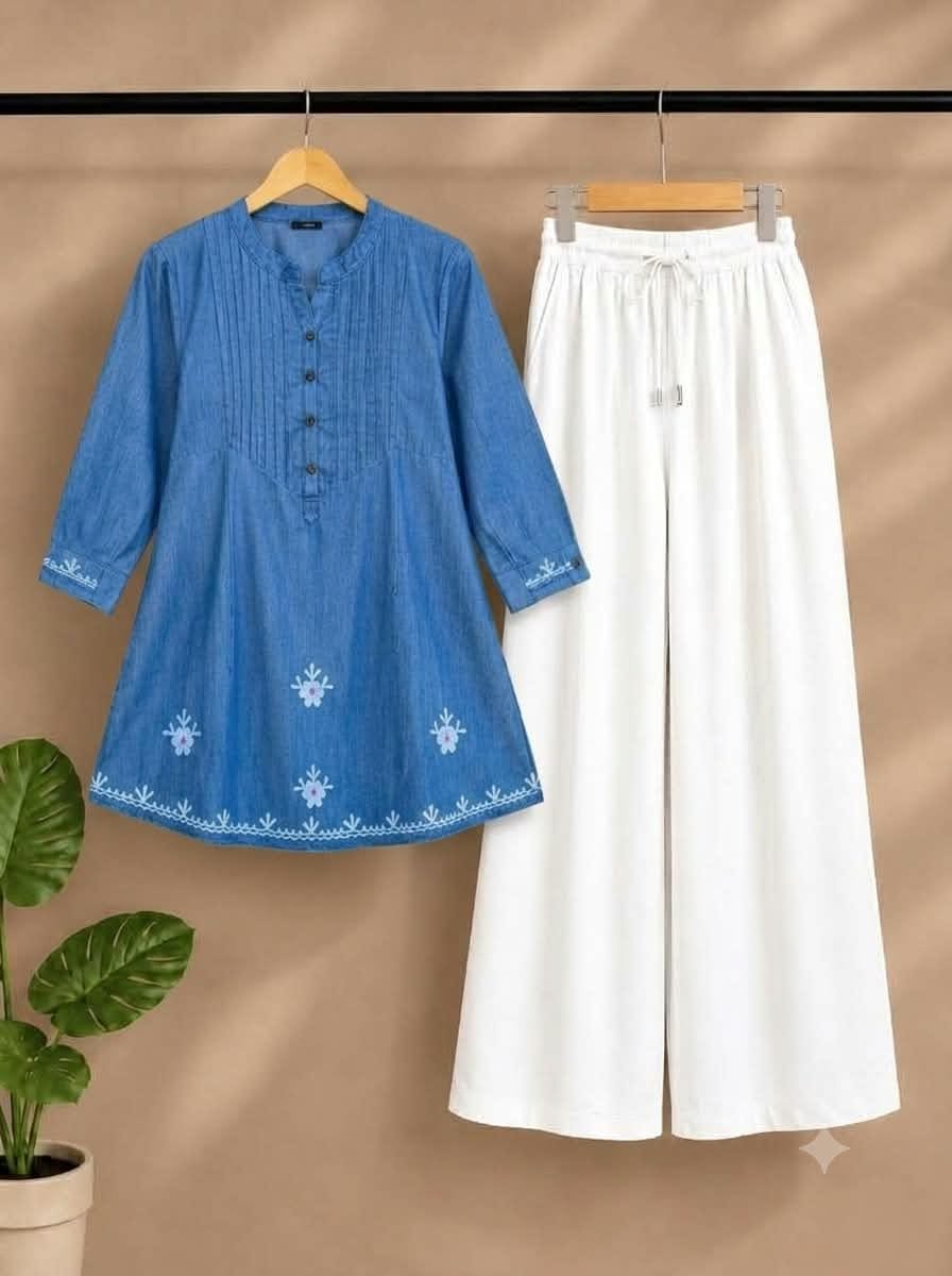 Embroidered Silky Denim Kurti with White Linen Pant Set for Women