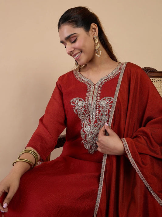 Embroidered Viscose Silk Blend Kurta Pant Set with Silk Dupatta for women