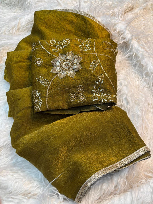 Fancy Crush Satin Saree with Lace & Beads Work Blouse