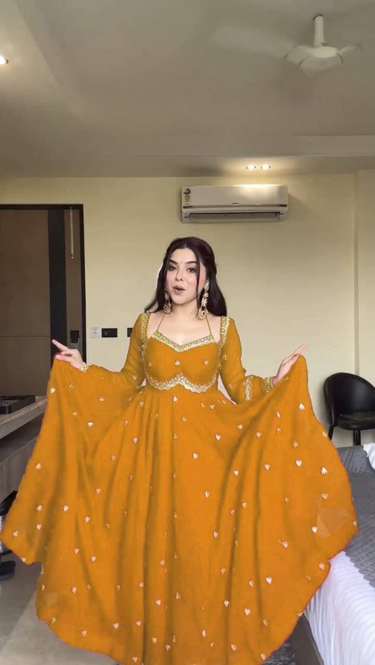 Faux Georgette Anarkali Suit Set with Sequins & Lace Dupatta