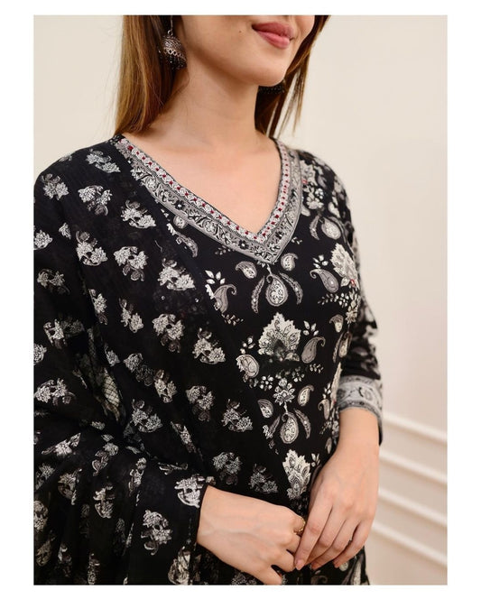 Flaired Cotton Kurta Set with Sanganeri Block Print & Adda Work