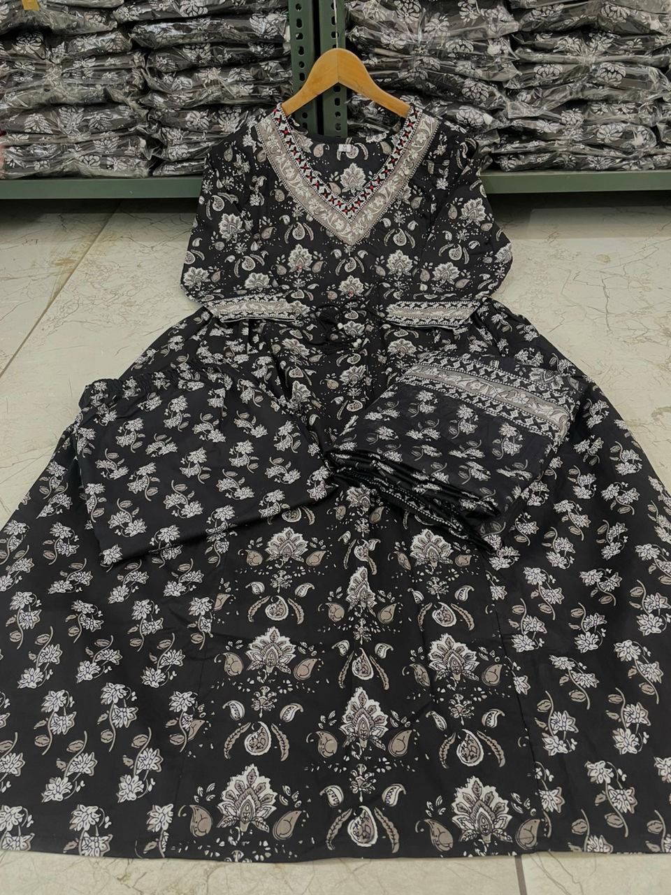 Flaired Cotton Kurta Set with Sanganeri Block Print & Adda Work