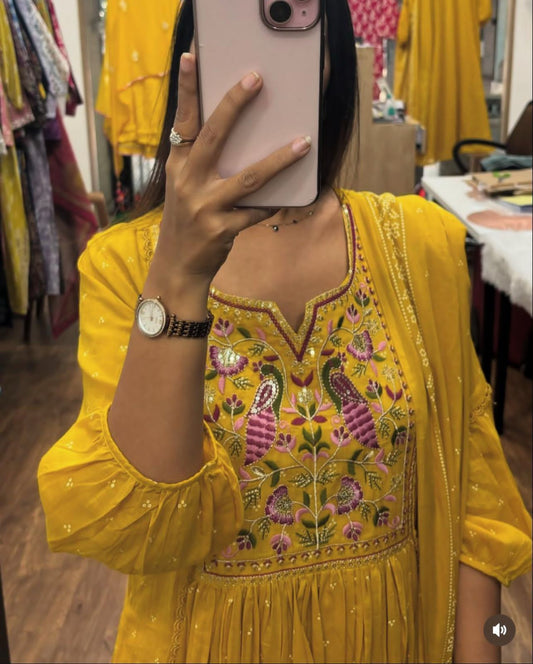 Flared Anarkali Cotton Suit with Pant & Malmal Dupatta