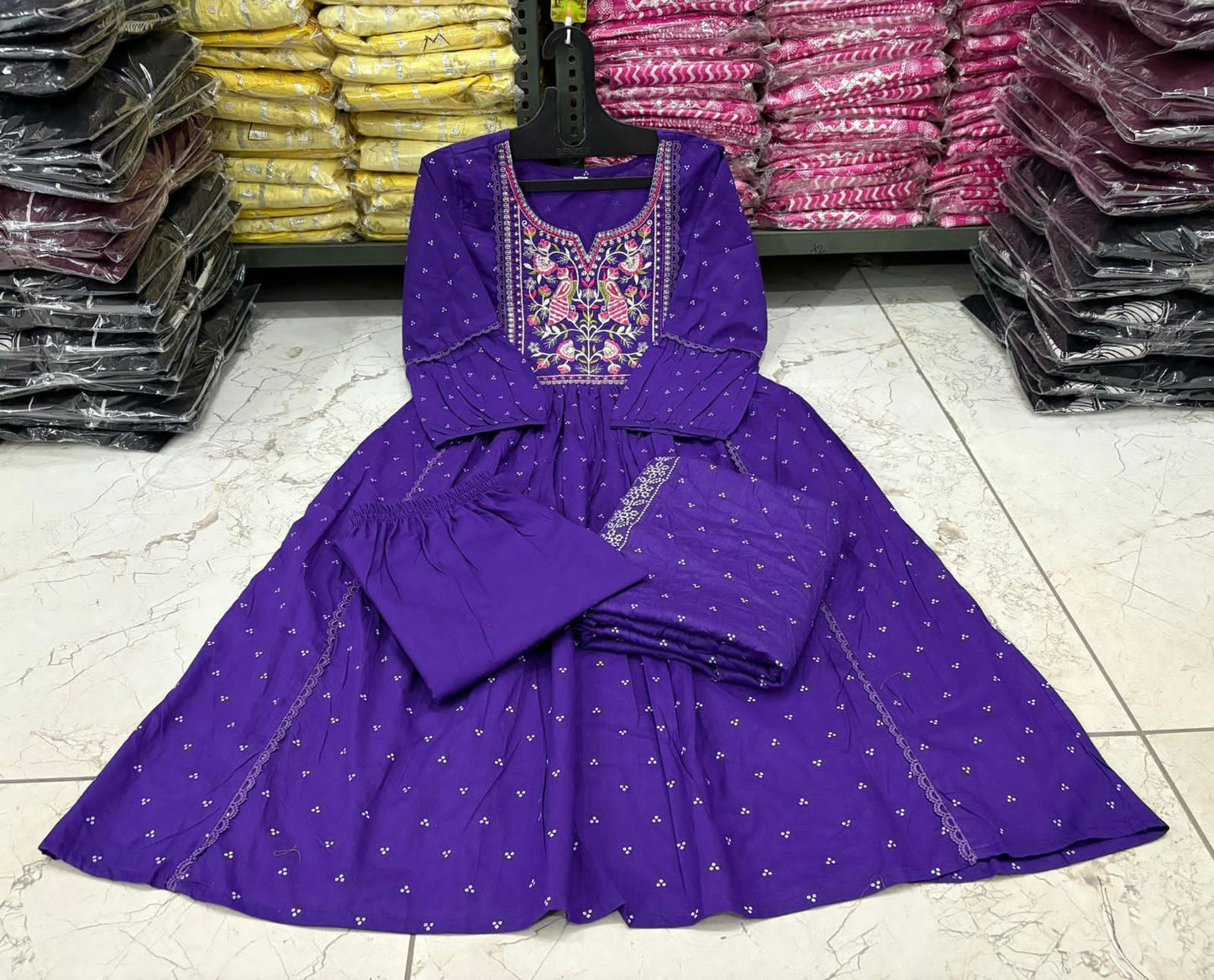 Flared Anarkali Cotton Suit with Pant & Malmal Dupatta