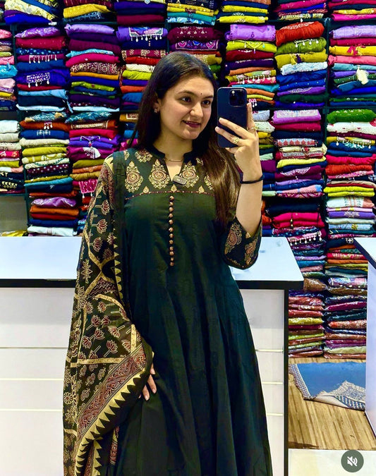 Flared Cotton Anarkali Kurta Set with Kantha Work & Dupatta